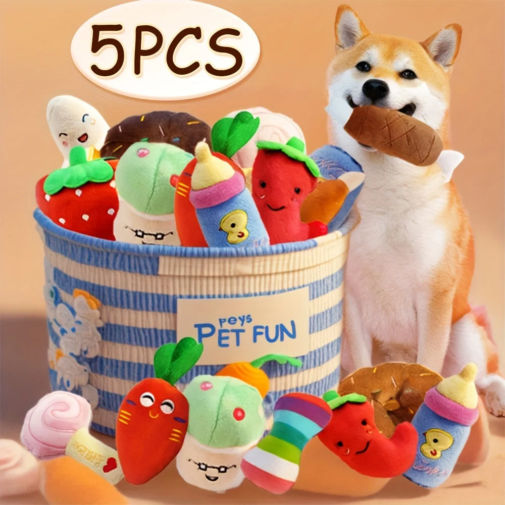 5-piece plush puppy toy set with squeakers

Fruit and vegetable soft chew toys for puppies

Plush puppy sound toys for teething puppies

Cute interactive chew toys for small dogs

Soft and safe puppy plush toys with sounds