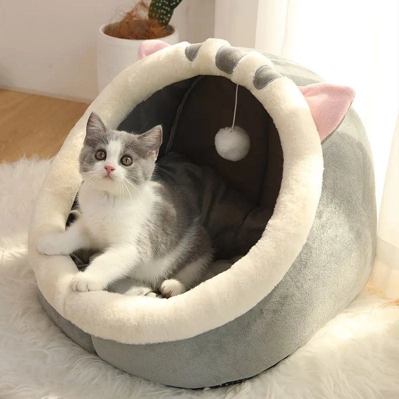 Foldable cartoon cat cave bed with animal ears, pompom and plush cushion