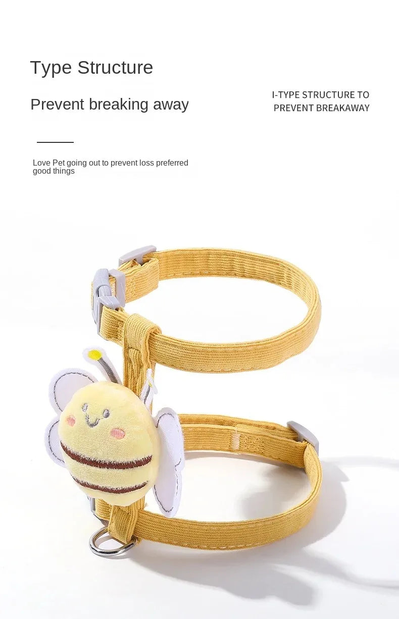 Breathable mesh bee-themed harness and leash combo, adjustable fit