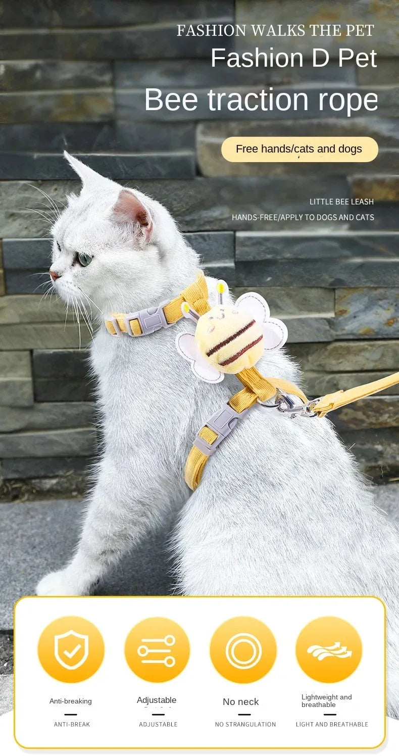 Breathable mesh bee-themed harness and leash combo, adjustable fit