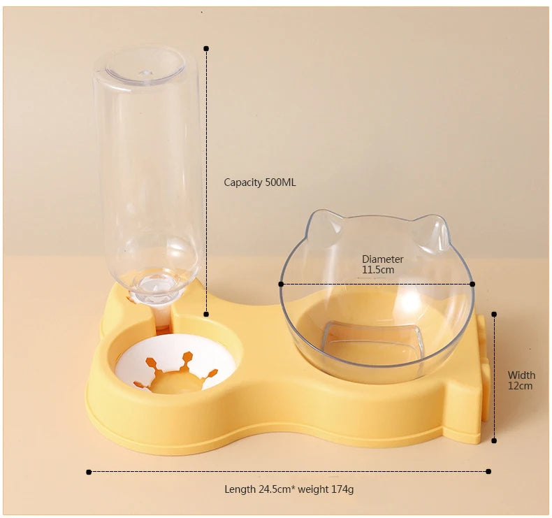 Automatic feeder with gravity-fed food bowl and drinking fountain elevated pet dish