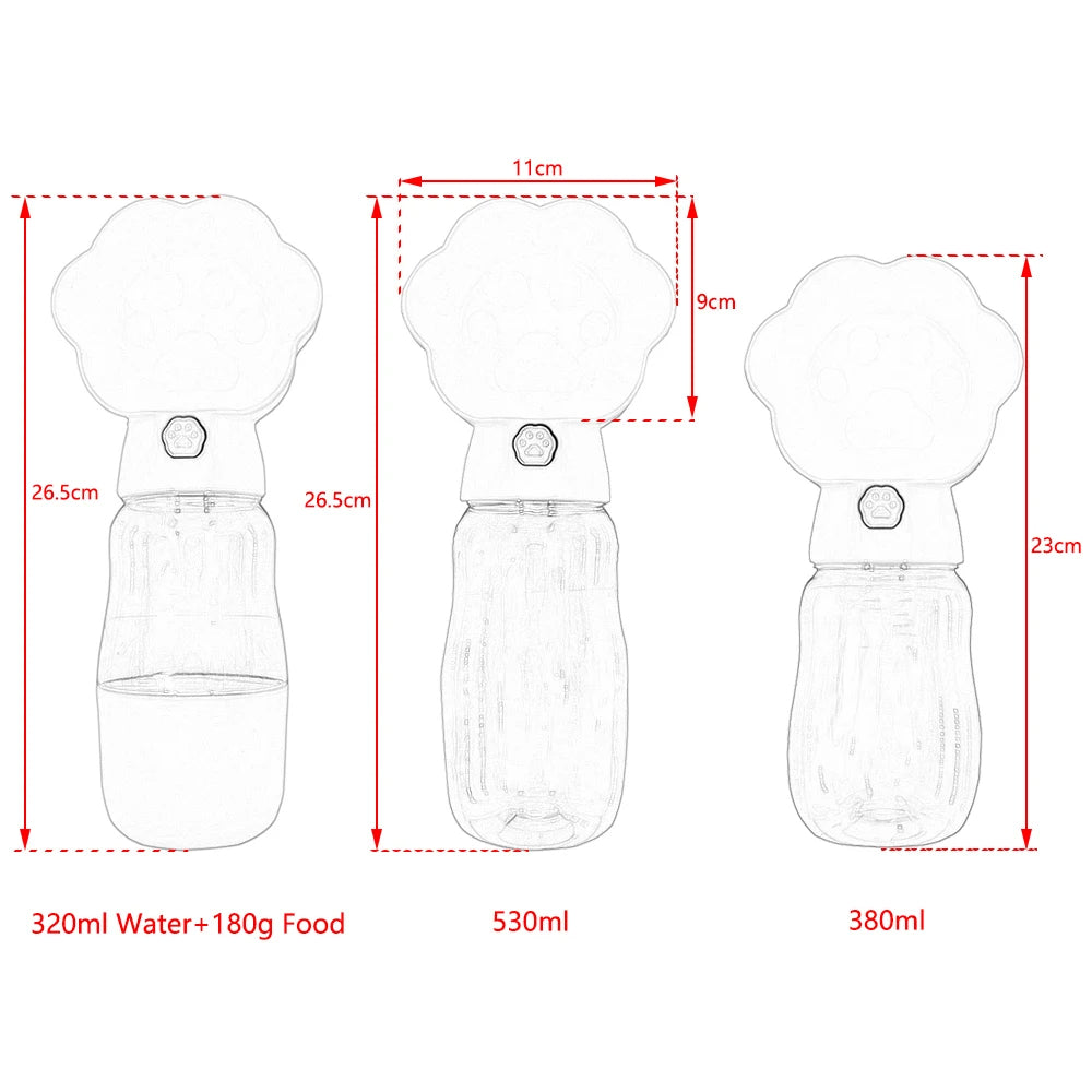 Claw-shaped 2-in-1 pet water bottle and food container with built-in bowl

Portable pet drinking bottle with snack storage and leak-proof lid

One-hand operation travel bottle for dogs with food and water compartments

Compact claw-style pet water dispenser and snack container for walking