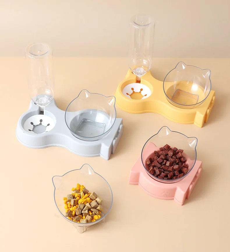 Raised automatic food and water station for cats and small dogs
