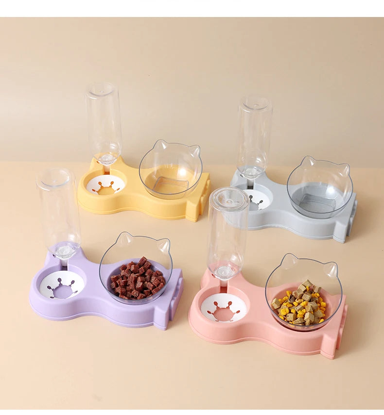 Pet food bowl and drinking fountain set with anti-leak siphon and tilted elevated dish
