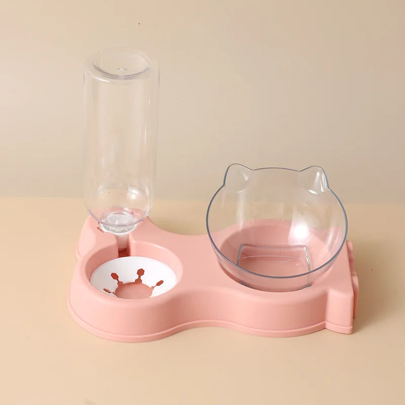 Automatic feeder with gravity-fed food bowl and drinking fountain elevated pet dish
