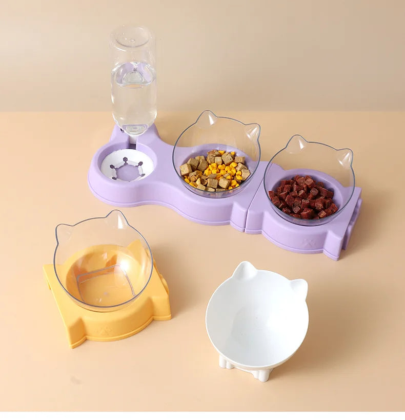 Pet food bowl and drinking fountain set with anti-leak siphon and tilted elevated dish